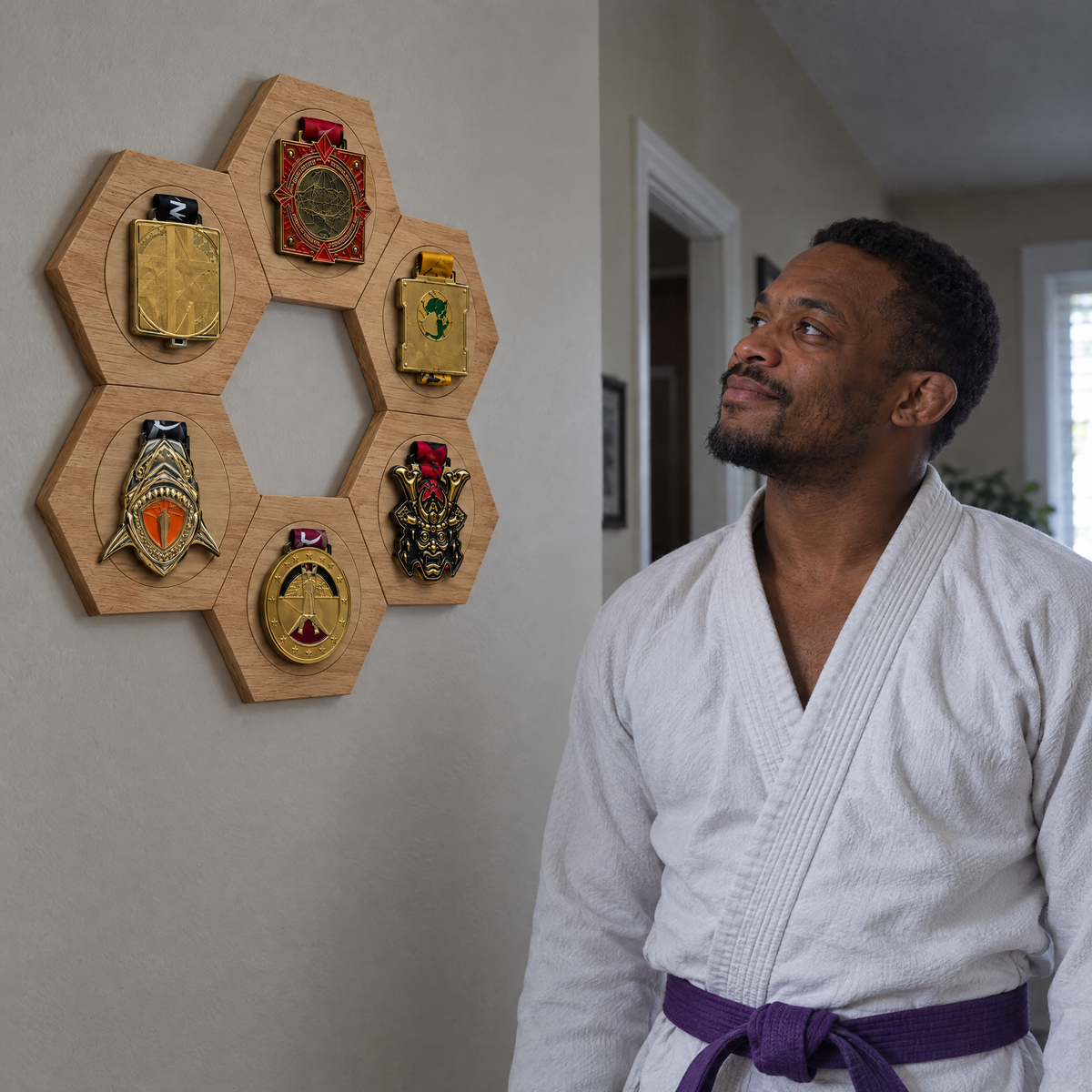 Jiu-jitsu practitioner proudly looking at his medal display at home